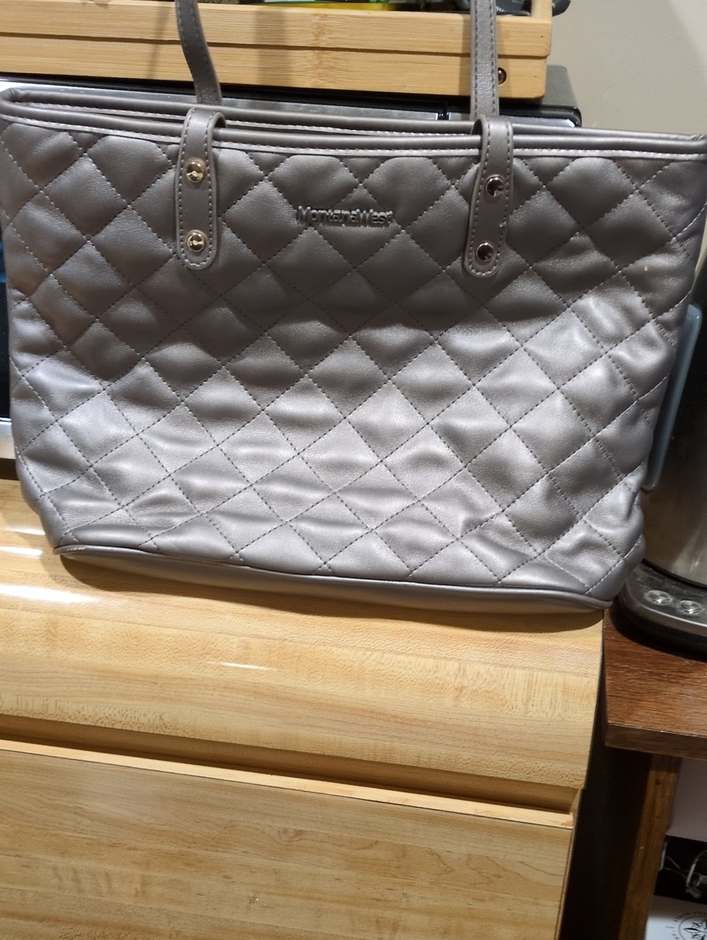 Montana West Metallic Pewter Quilted Tote Shoulder Bag Large